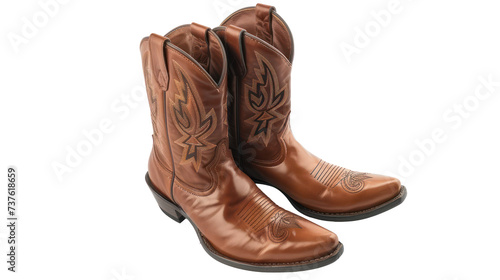 Traditional brown leather cowboy boots with stitched detailing, cut out - stock png.