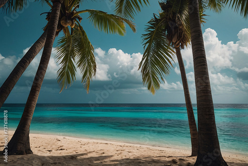 Tropical beach in Maldives with few palm trees and blue lagoon. Generative AI