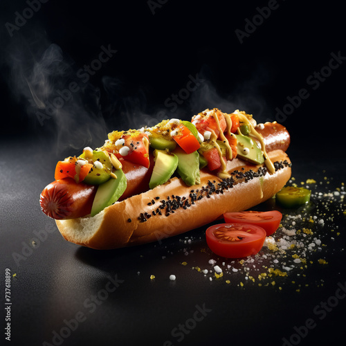 Hot dog hotdog with avocado, tomato and sausage
