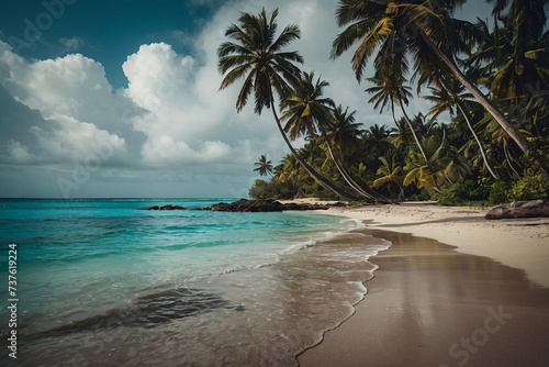Tropical beach in Maldives with few palm trees and blue lagoon. Generative AI © igor.nazlo
