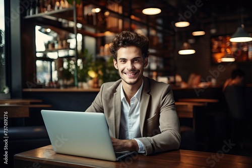 Beautiful young man happily smiling while working with laptop in office - generative ai