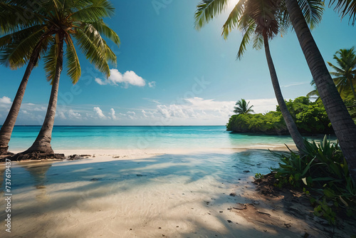 Tropical beach in Maldives with few palm trees and blue lagoon. Generative AI