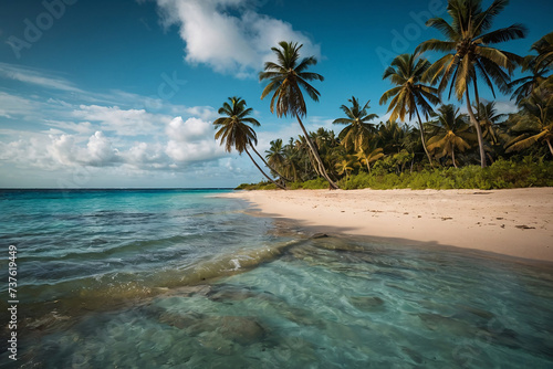 Tropical beach in Maldives with few palm trees and blue lagoon. Generative AI © igor.nazlo