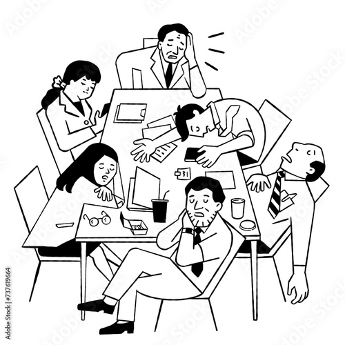 Lazy office workers or disorganized behavior businesspeople at workplace. Funny vector illustration, doodle, outline, thin line art, hand drawn sketch design, black and white ink style.  