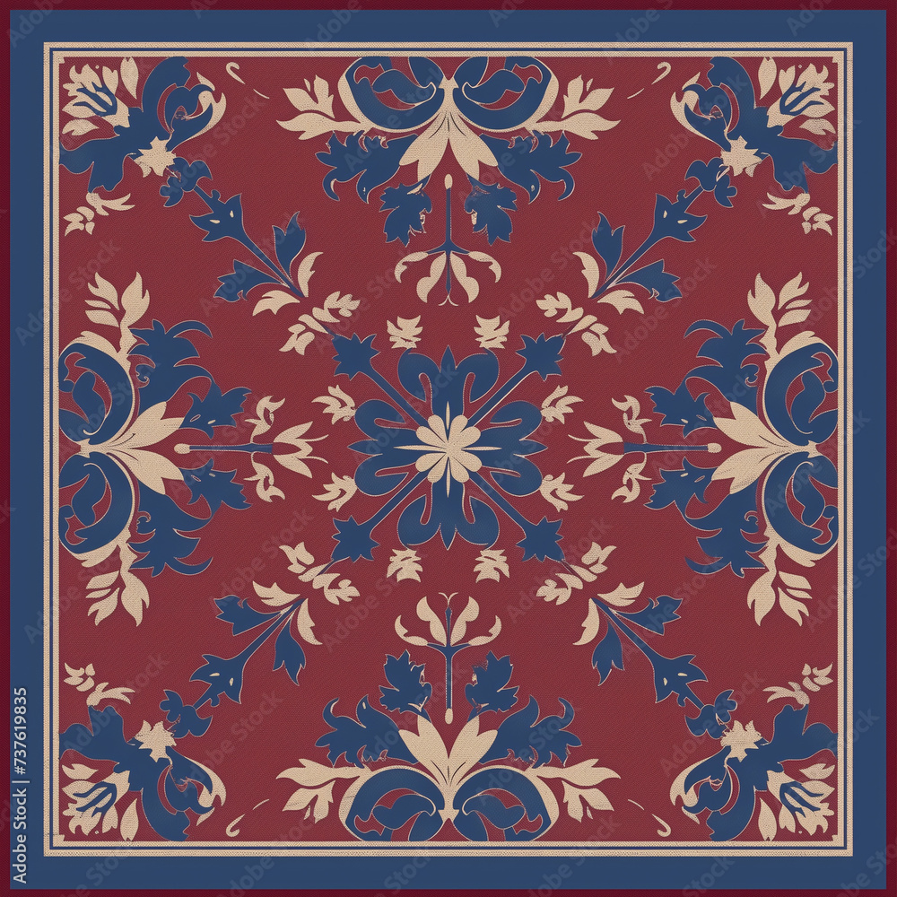 Symmetrical floral tapestry with rich reds, blues, and gold, framing a heritage of timeless elegance Symmetrical floral tapestry with rich reds, blues, and gold, framing a heritage of timeless elegance