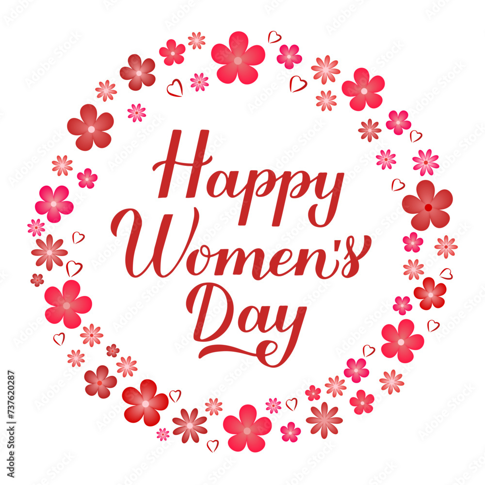 Happy Womens Day calligraphy hand lettering with spring flowers. International Womans day typography poster. Vector template, banner, greeting card, flyer, etc.