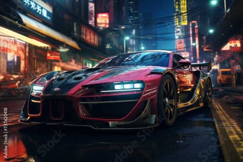a red sports car is parked on the side of a city street at night © JackDong