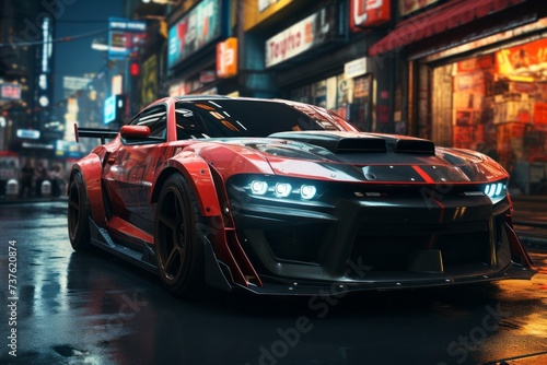 a red and black sports car is parked on a wet city street at night © JackDong