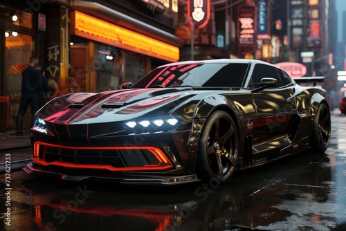 a black sports car is driving down a wet city street © JackDong