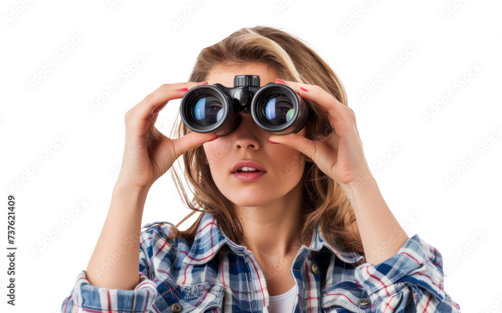 Curious woman looking through binoculars for exploration, cut out - stock png. Curious woman looking through binoculars for exploration, cut out - stock png.