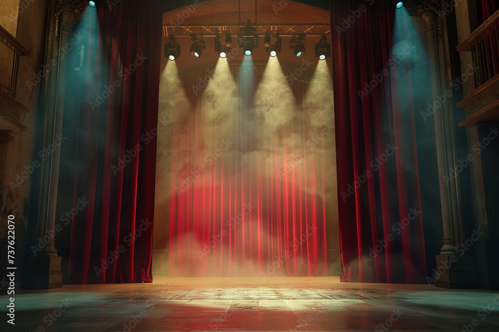 Theater stage with red curtains and spotlights. Theatrical scene in the light background - obrazy, fototapety, plakaty 