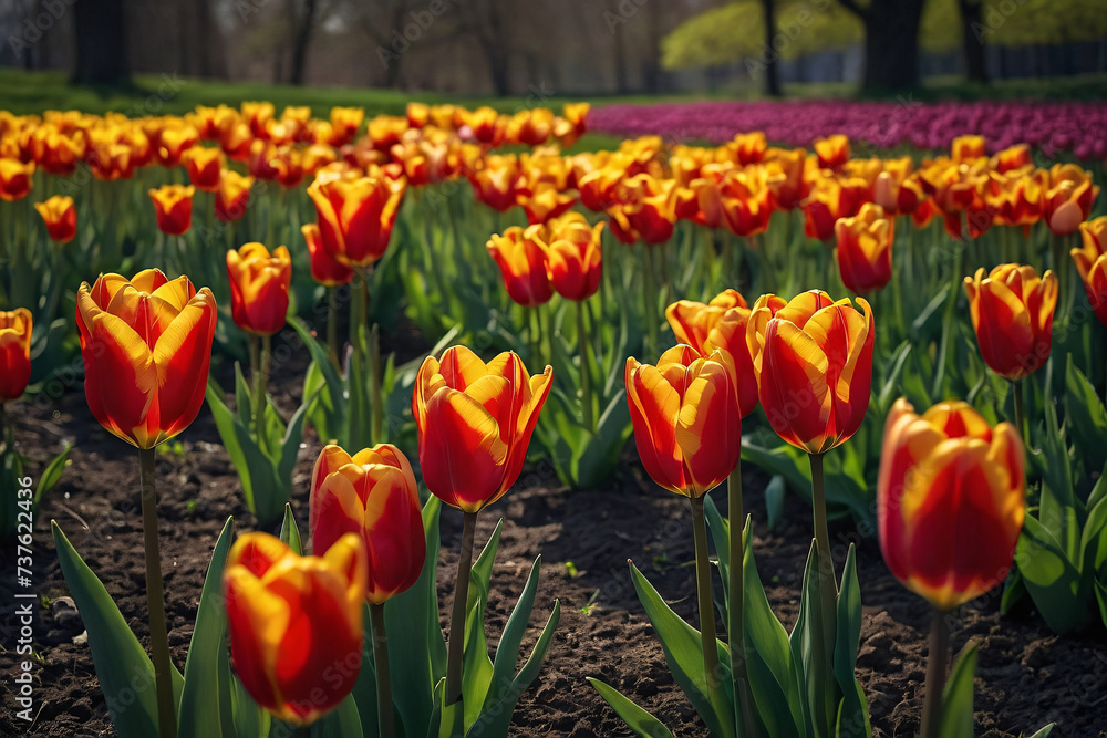 Colorful tulip flowers bloom in the spring  garden. Nature background. Generative AI