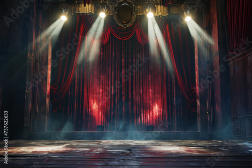 Theater stage with red curtains and spotlights. Theatrical scene in the light background