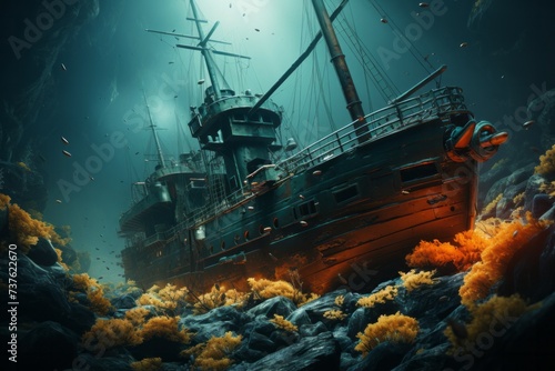 a pirate ship is sunk in the ocean surrounded by coral © JackDong