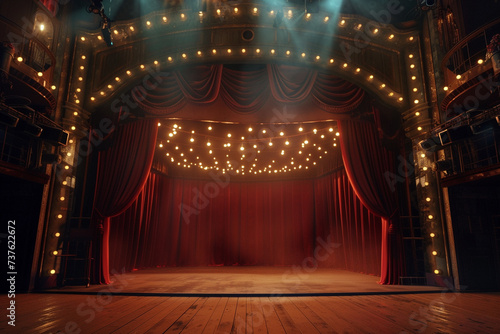 Theater stage with red curtains and spotlights. Theatrical scene in the light background photo