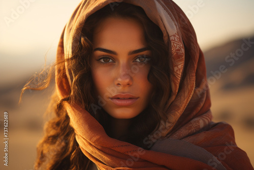 A mesmerizing portrait of a Middle Eastern woman wearing a hijab  her eyes reflecting resilience and determination amidst a backdrop of desert sands.