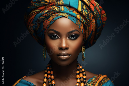 A striking portrait of a Nigerian woman wearing a gele headwrap, her face adorned with tribal markings, exuding confidence and pride in her heritage. photo