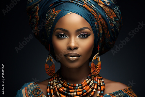 A striking portrait of a Nigerian woman wearing a gele headwrap, her face adorned with tribal markings, exuding confidence and pride in her heritage. photo