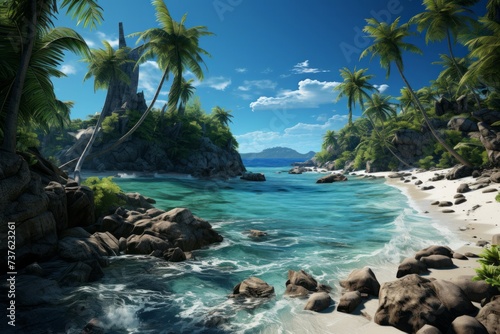 a tropical beach with palm trees and rocks next to the ocean © JackDong