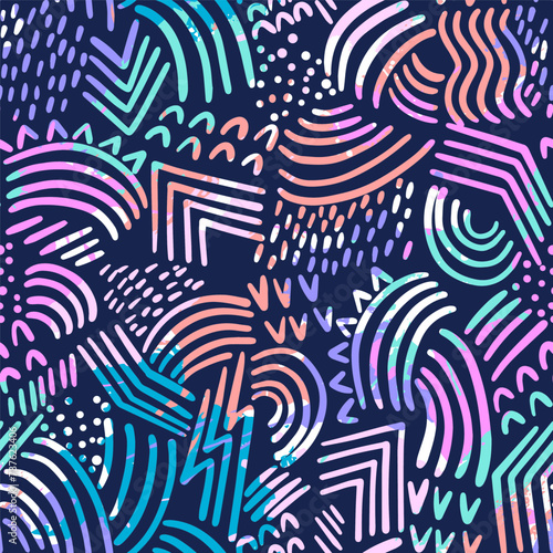 Seamless pattern with shapes, stripes, dots on background. Girlish vector pop wallpaper. Funny cartoon comic style of 80-90s 