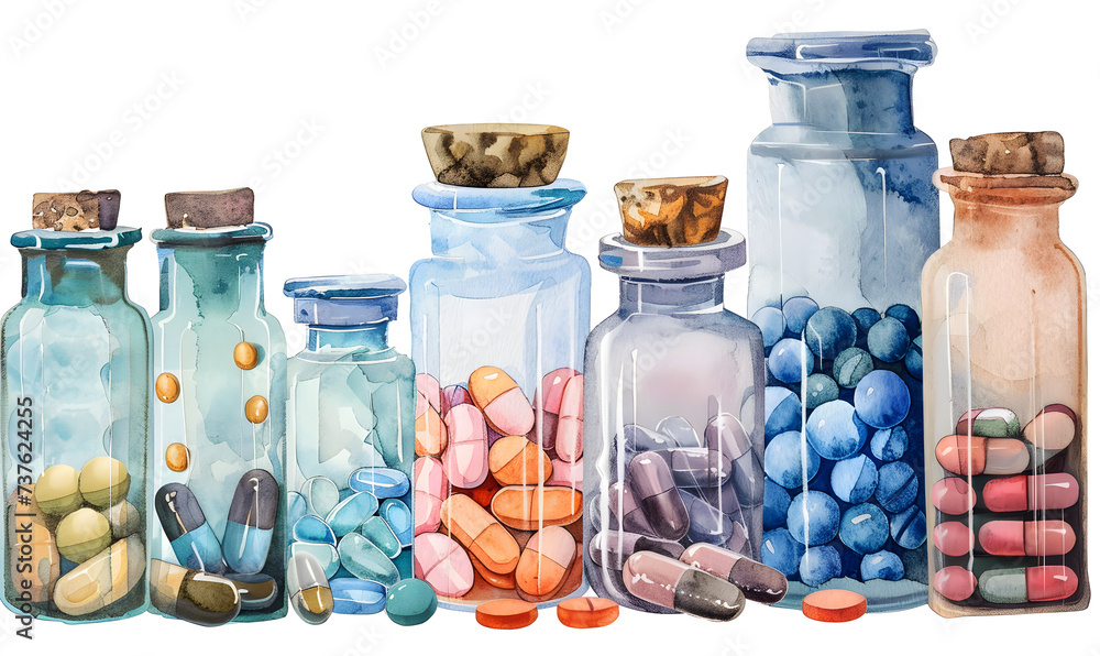 Watercolor style medicine bottles, Generative AI Watercolor style medicine bottles, Generative AI