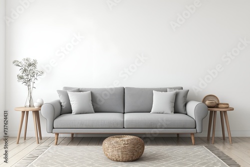 Interior Living Room, Empty Wall Mockup In White Room With Grey Sofa And Decorations, 3d Render Real Room Template