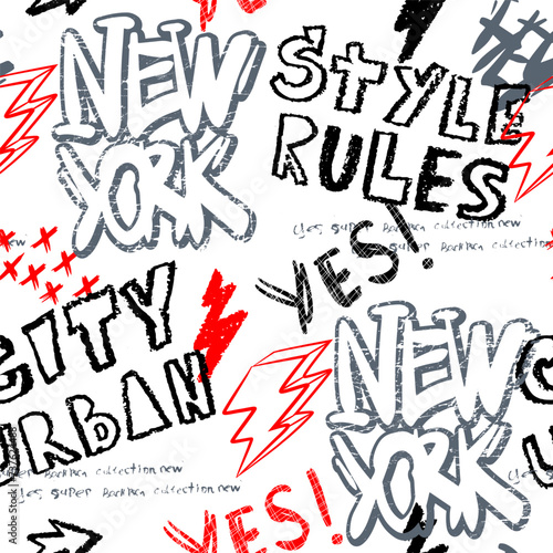 Abstract seamless chaotic pattern with graffiti words NEW YORK. Grunge texture background. Wallpaper for boys. Fashion urban  style 