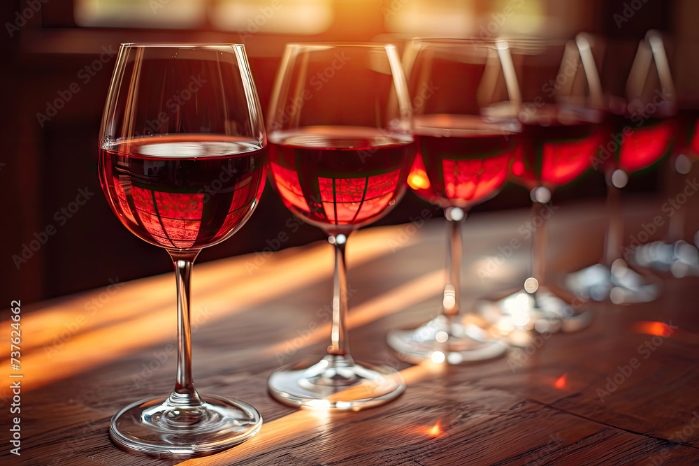 Copas de vino dispuestas de manera elegante, con reflejos de luz natural de ventana