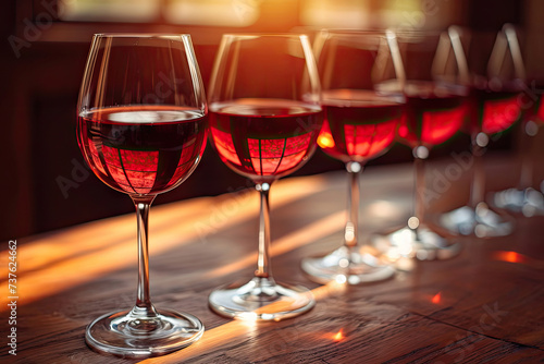 Copas de vino dispuestas de manera elegante, con reflejos de luz natural de ventana photo
