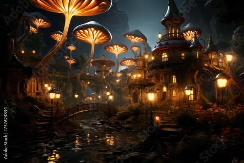 a fairy village filled with mushrooms and lanterns at night