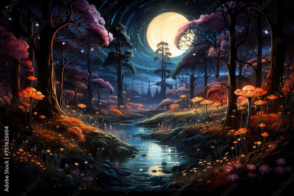 a painting of a forest at night with a full moon shining through the trees