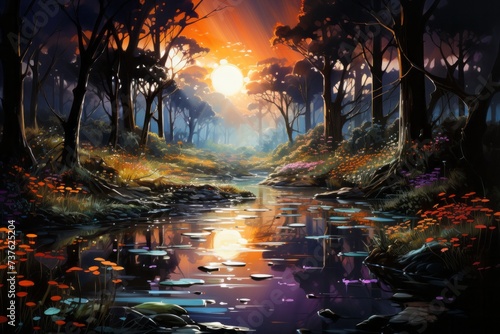 a painting of a river in the middle of a forest at sunset