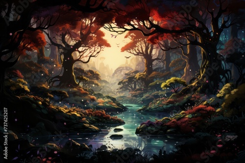 it is a painting of a river in the middle of a forest