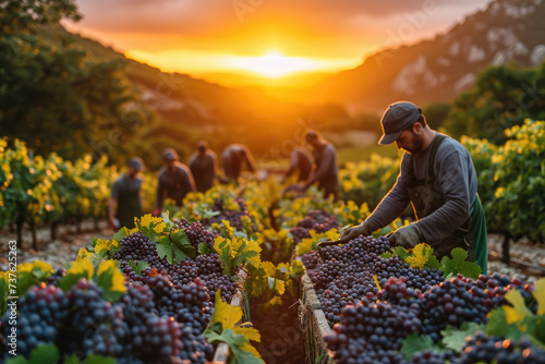 Viñedo en plena cosecha, con trabajadores recolectando uvas bajo un cielo despejado y luminoso  photo