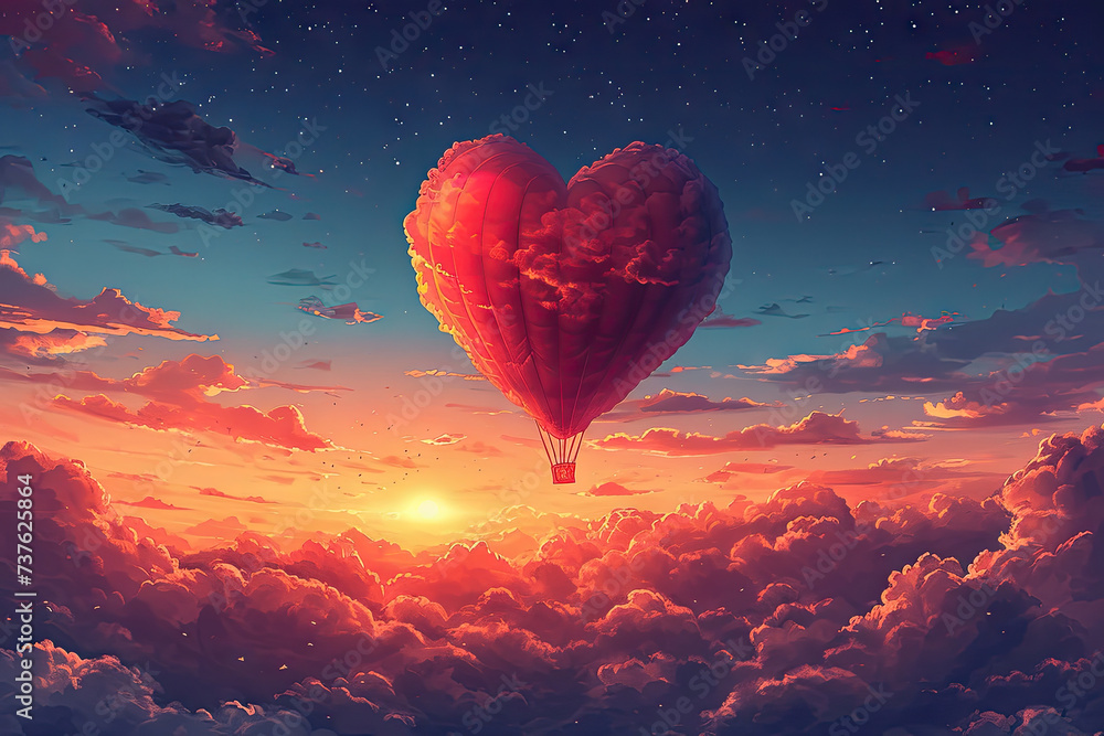 Globo aerostático en forma de corazón ascendiendo hacia el cielo, representando los sueños y aspiraciones - obrazy, fototapety, plakaty 