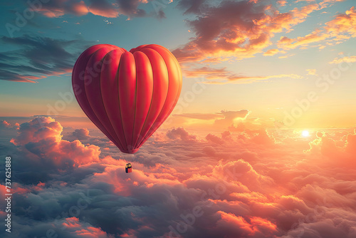 Globo aerostático en forma de corazón ascendiendo hacia el cielo, representando los sueños y aspiraciones