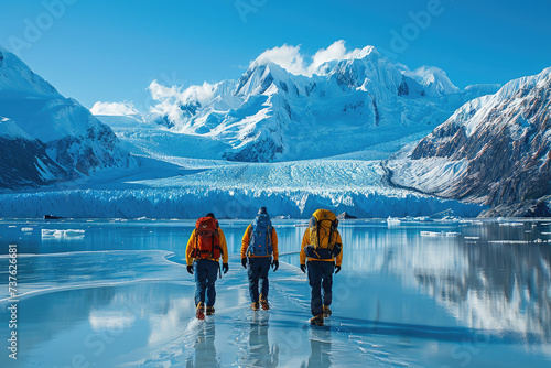 Imagen de aventureros explorando glaciares de manera sostenible, promoviendo el turismo de aventura responsable photo