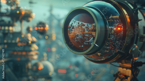 A 3D rendered camera that when looked through reveals a surreal sci fi universe filled with floating cities and alien life