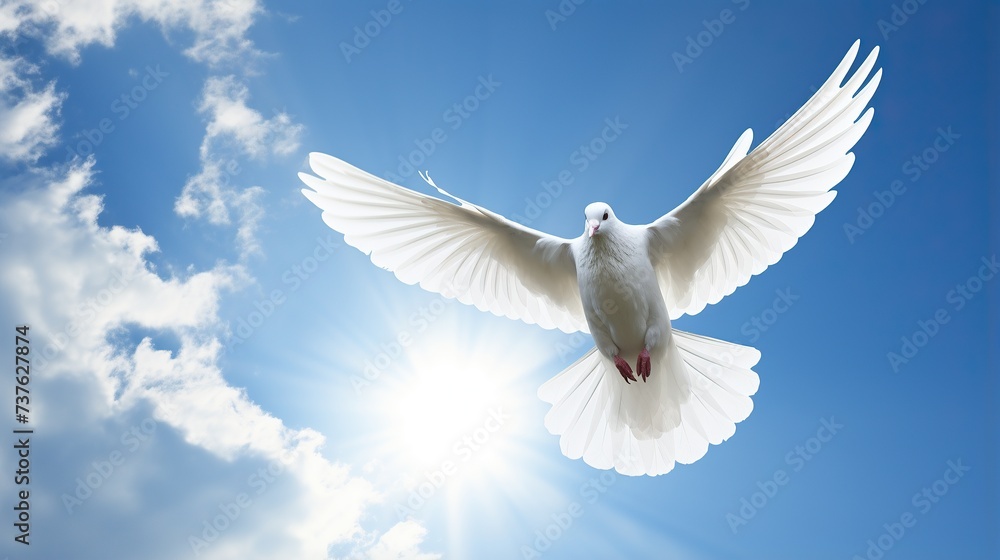 Obraz premium White dove flying .Dove in the air with wings wide open in the bright blue sky