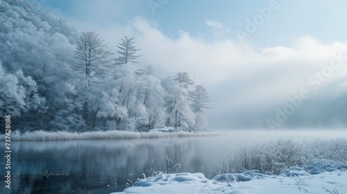 Winter landscape of mountain rivers and trees in forest