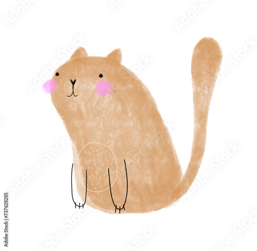 Sweet Brown Kitty. Cute Hand Drawn Cat. Lovely Infantile Style Nursery Vector Art with Sitting Kitten. Funny Childish Drawing-like Toy Kitty perfect for Wall Art, Kids' Room Decoration. RGB.