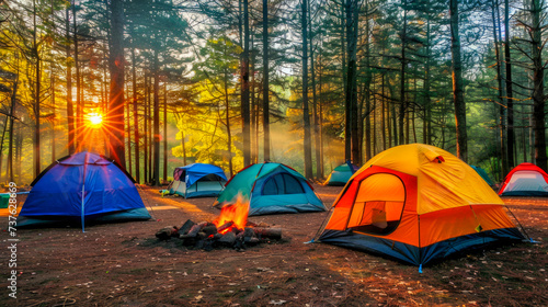 Discover the Serenity of Outdoor Camping  A Vibrant Sunrise Amidst the Autumn Forest. Embrace Adventure and Tranquility with Colorful Tents and a Dawn Campfire in the Wilderness.