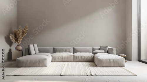 Sleek Living Room with Low-Profile Gray Sectional Sofa AI Generated.