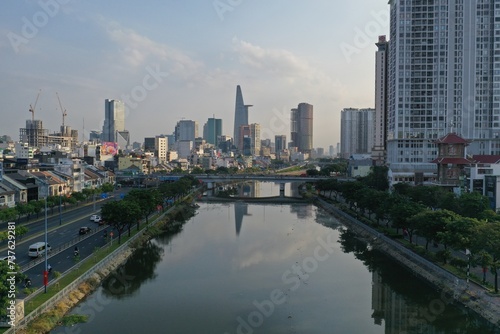 Ho chi minh City, Vietnam - Feb 21, 2024 aerial view of  Sai Gon CBD skyline look from district 4 during early morning