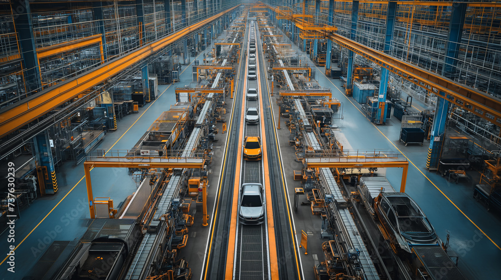 Overhead view of a streamlined car assembly line inside a contemporary vehicle factory, showcasing automation in automotive manufacturing.