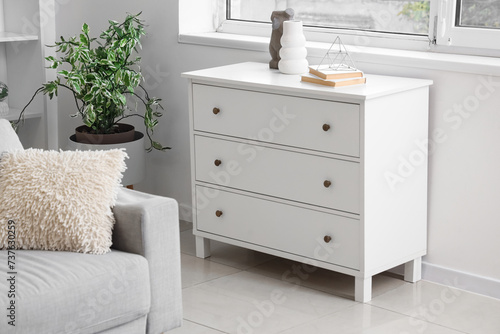 Chest of drawers with books and decor in living room