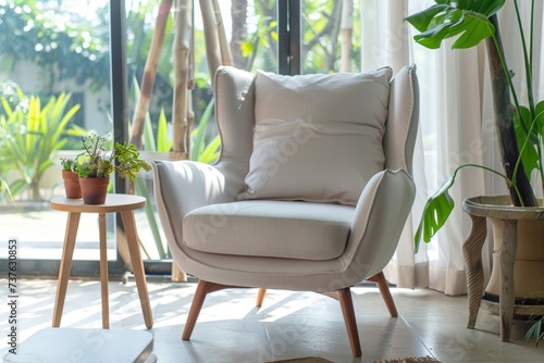 Cozy Living Room With Chair, Table, and Potted Plants. Generative AI.