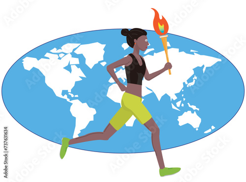 スポーツの国際大会の開催に向けトーチを持って走る女性ランナー。