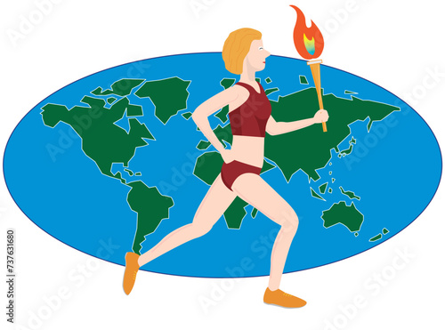 スポーツの国際大会の開催に向けトーチを持って走る女性ランナー。