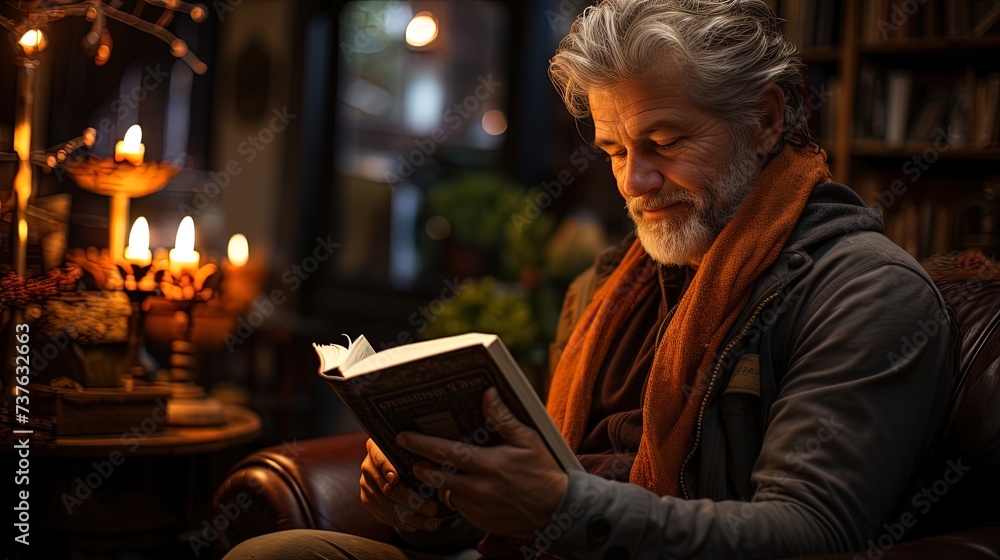 Old man reading a book in a library. Old man reading a book in a library.